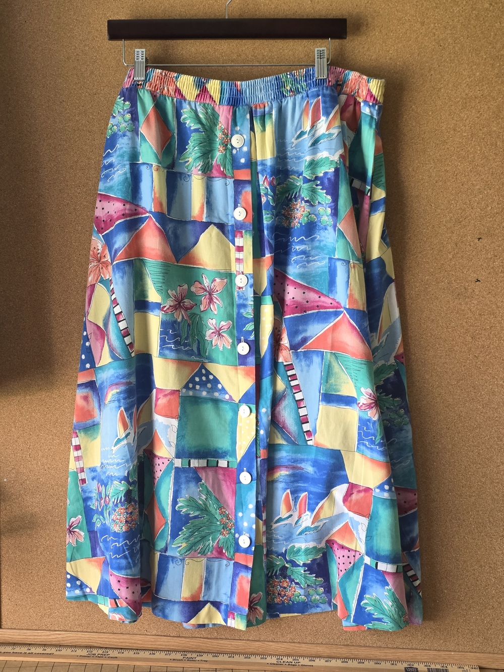 Koret Francisca Vintage Tropical Patchwork Button‑Front Skirt w/ Pockets Retro M